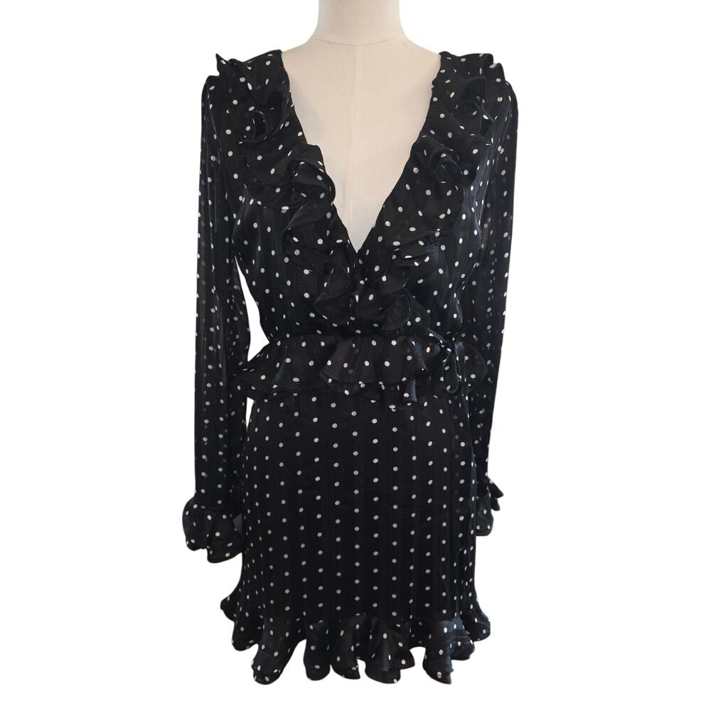 NWT S (4) Bardot Black & White Polka Dot Lined Dress w/Sheer Sleeves & Zip Back